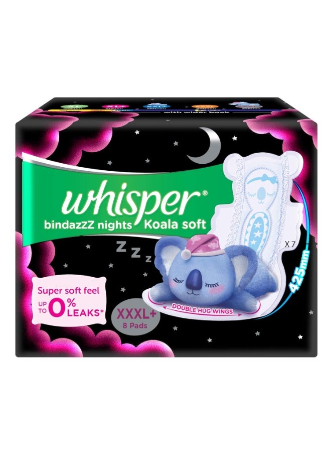 Whisper وسادات صحية وايسبر بينداز نيتس كوالا سوفت، 8 وسادات XXXL+، حتى 0% تسرب، 85% أطول وأعرض من الخلف، قماش علوي فائق النعومة، أجنحة مزدوجة، غلاف قابل للتخلص، للنساء - Image 1